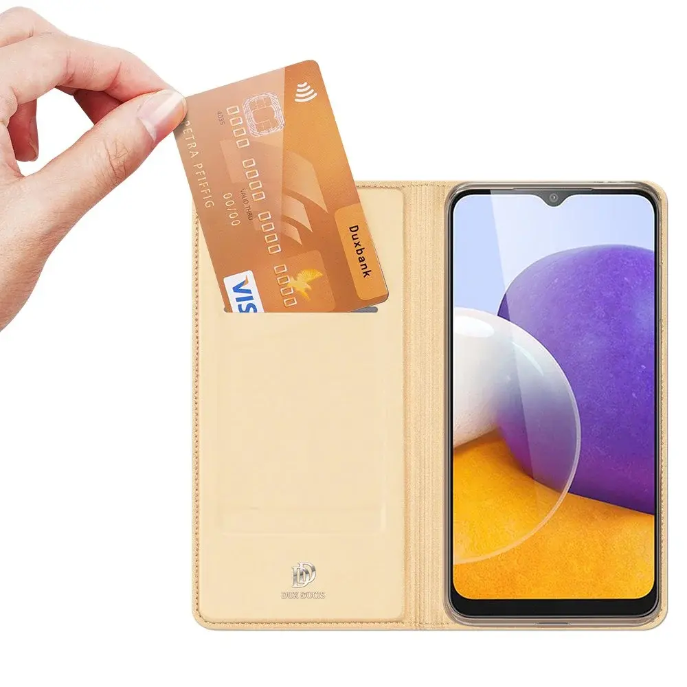 Prémiové flipové pouzdro DUX DUCIS SKIN na mobil Samsung Galaxy A22 4G zlatavé