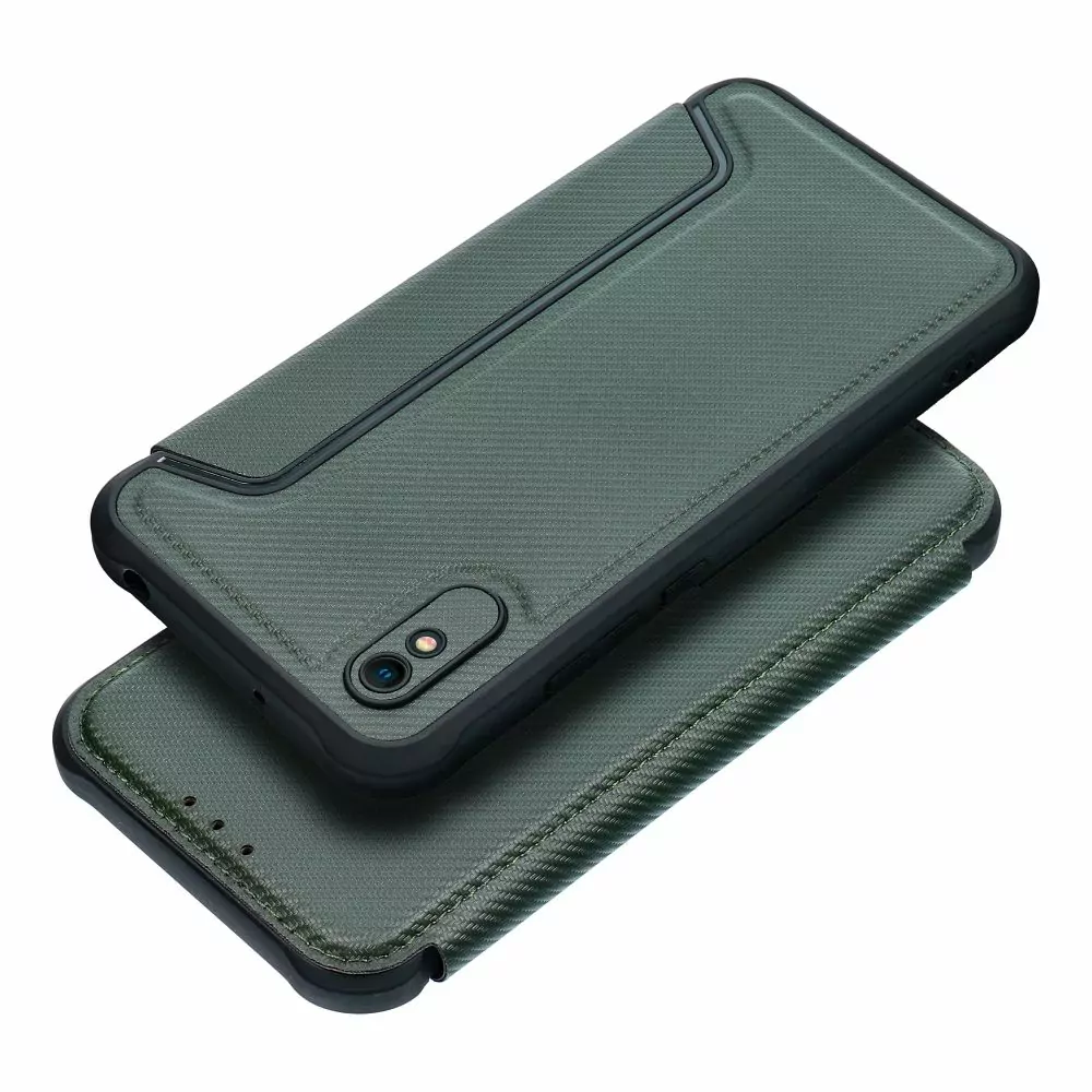 Ultimátní flip pouzdro RAZOR Coolcase Carbon na mobil Xiaomi Redmi 9A / 9AT tmavě zelené