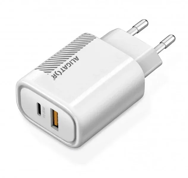 Chytrá nabíječka do sítě ALIGATOR Power Delivery 20W - USB-C + USB výstup, bez kabelu (lze použít i pro iPhone 12, 13, 14) bílá