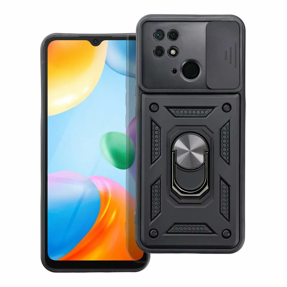 Odolné pouzdro Armor CamShield na mobil Xiaomi Redmi 10C černé s krytkou fotoaprátů a stojánkem