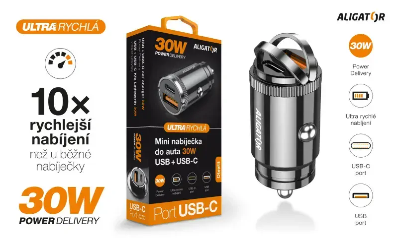 Rychlá autonabíječka ALIGATOR CL ALIGATOR PD30W USB a USB-C výstup, bez kabelu