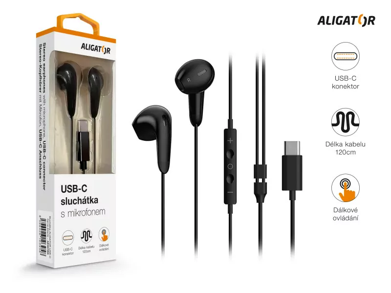 Handsfree sluchátka do uší s USB-C konektorem, ALIGATOR AE007 Cool Music, černá (kompatibilní s iPhone 15 a vyšší)