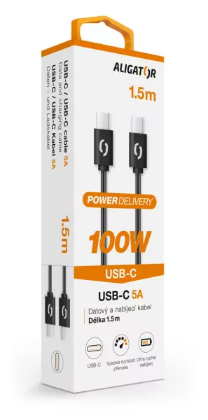 Datový kabel ALIGATOR POWER 100W, USB-C / USB-C 5A, 1,5m - černý