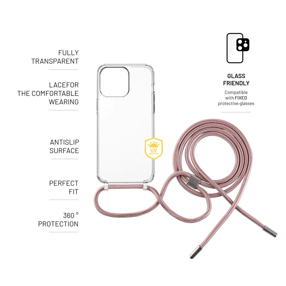 Pevné silikonové pouzdro FIXED Pure Neck Crossbody na mobil Apple iPhone 15 Pro s popruhem přes rameno - čiré - růžová šňůrka
