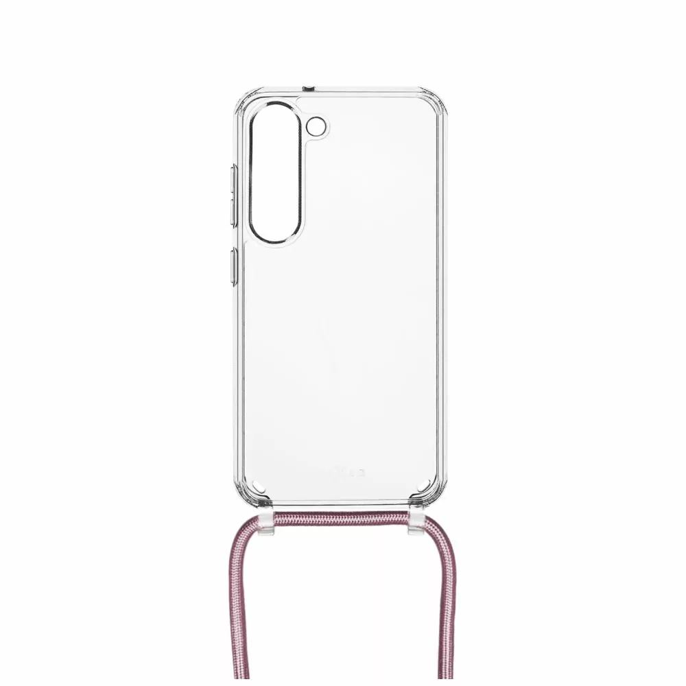 Pevné silikonové pouzdro FIXED Pure Neck Crossbody na mobil Samsung Galaxy S24 Plus s popruhem přes rameno - čiré - růžová šňůrka