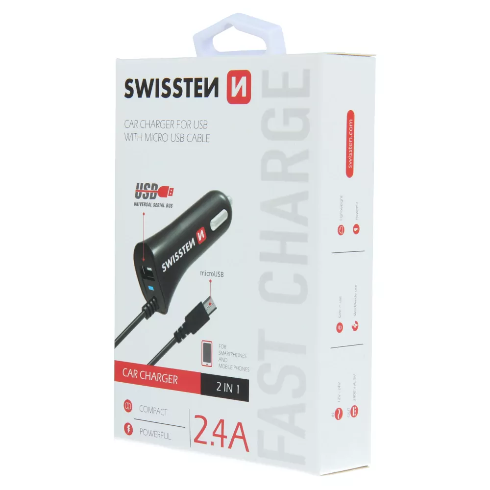 Univerzální CL nabíječka do auta SWISSTEN s konektorem Micro USB a USB, 2,4A