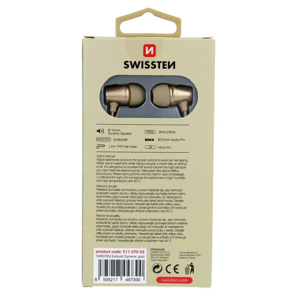 Sluchátka do uší SWISSTEN EARBUDS DYNAMIC YS500, 3,5mm jack, zlatavá