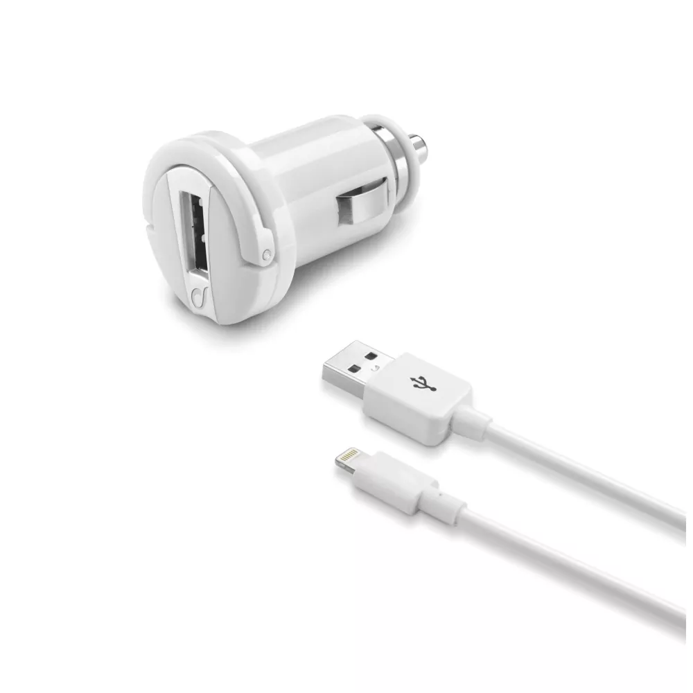 Univerzální nabíječka do auta CELLULARLINE Ultra v setu s datovým kabelem s konektorem Lightning MFI, 1xUSB, 2A, bílá