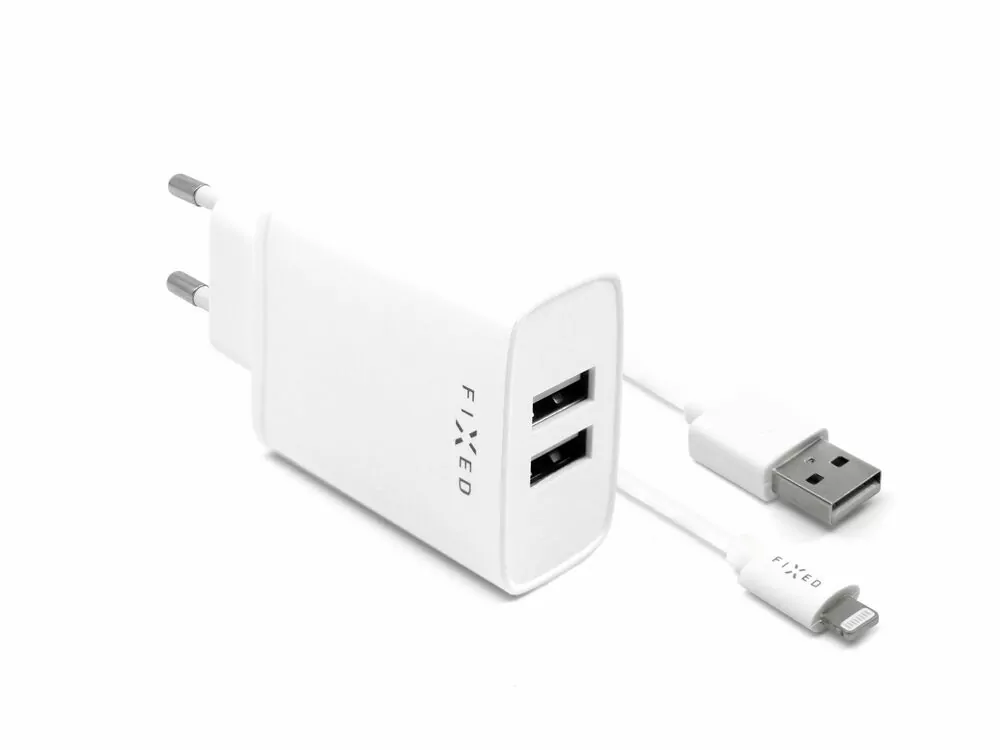 Rozpojitelná nabíječka do sítě FIXED s 2xUSB výstupem a USB/Lightning kabelu, 1m, MFI certifikace, 15W Smart Rapid Charge, bílá