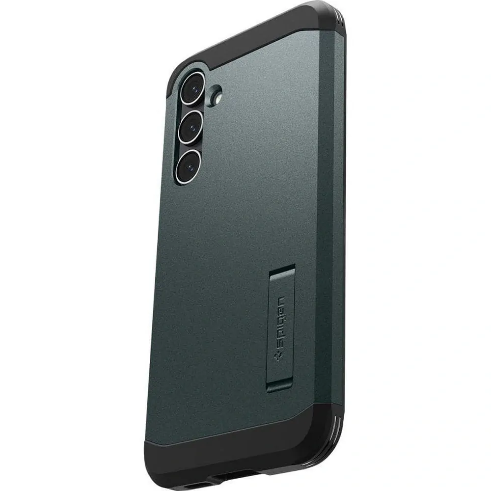 Odolné silikonové pouzdro SPIGEN Tough Armor na mobil Samsung Galaxy S23 FE tmavě zelené se stojánkem