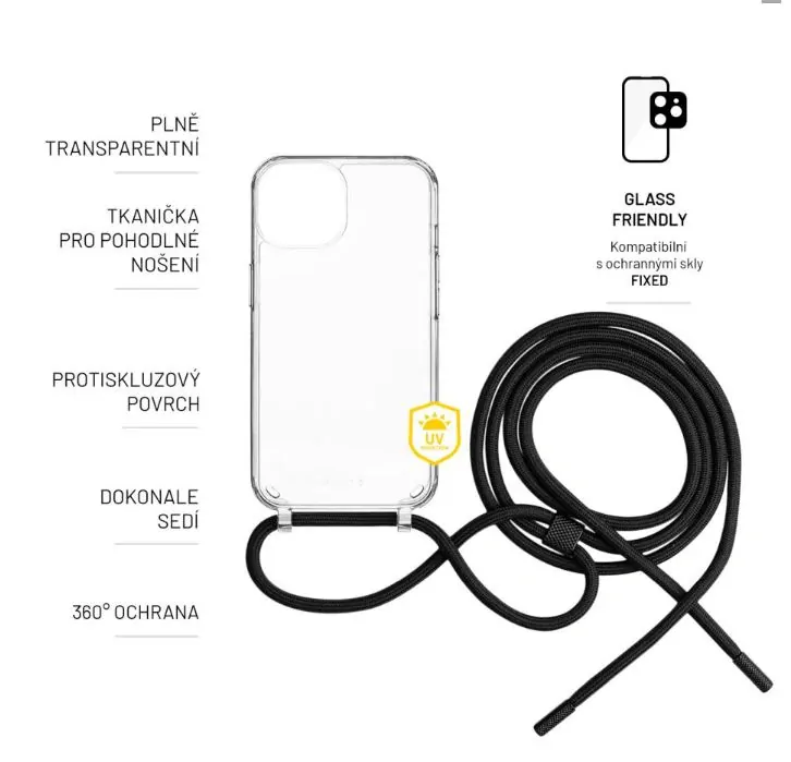 Crossbody pouzdro FIXED Pure Neck - Samsung Galaxy A15 / A15 5G s popruhem přes rameno - čiré - černá šňůrka
