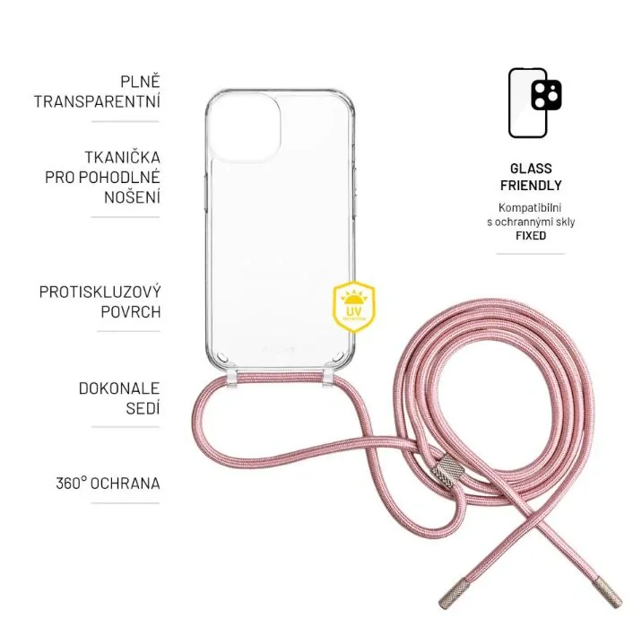 Crossbody pouzdro FIXED Pure Neck - Samsung Galaxy A35 5G s popruhem přes rameno - čiré - růžová šňůrka