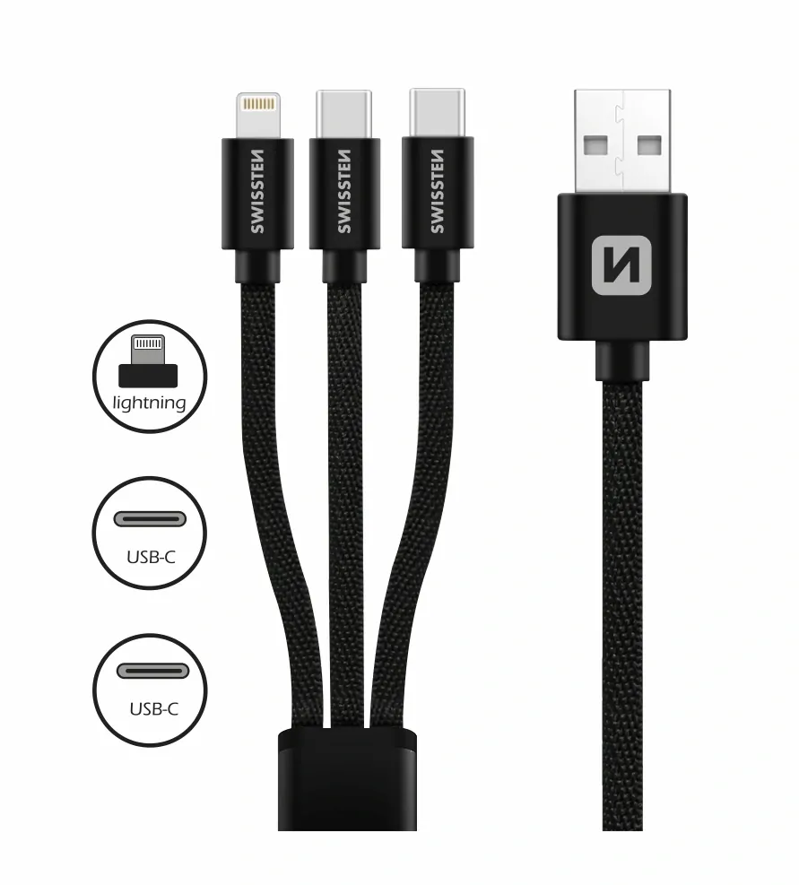 Datový kabel SWISSTEN 3v1 s konektorem 2x USB-C a Lightning, 1,2m