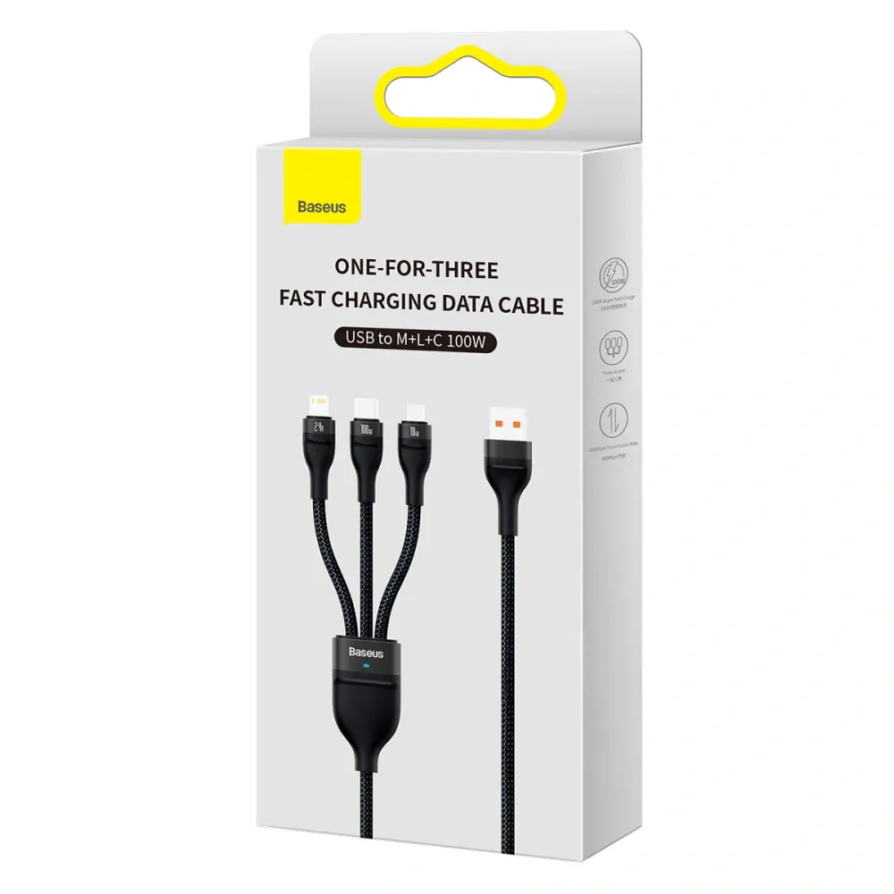 Kabel 3v1 Baseus Flash Series II 100W 1,2m černý