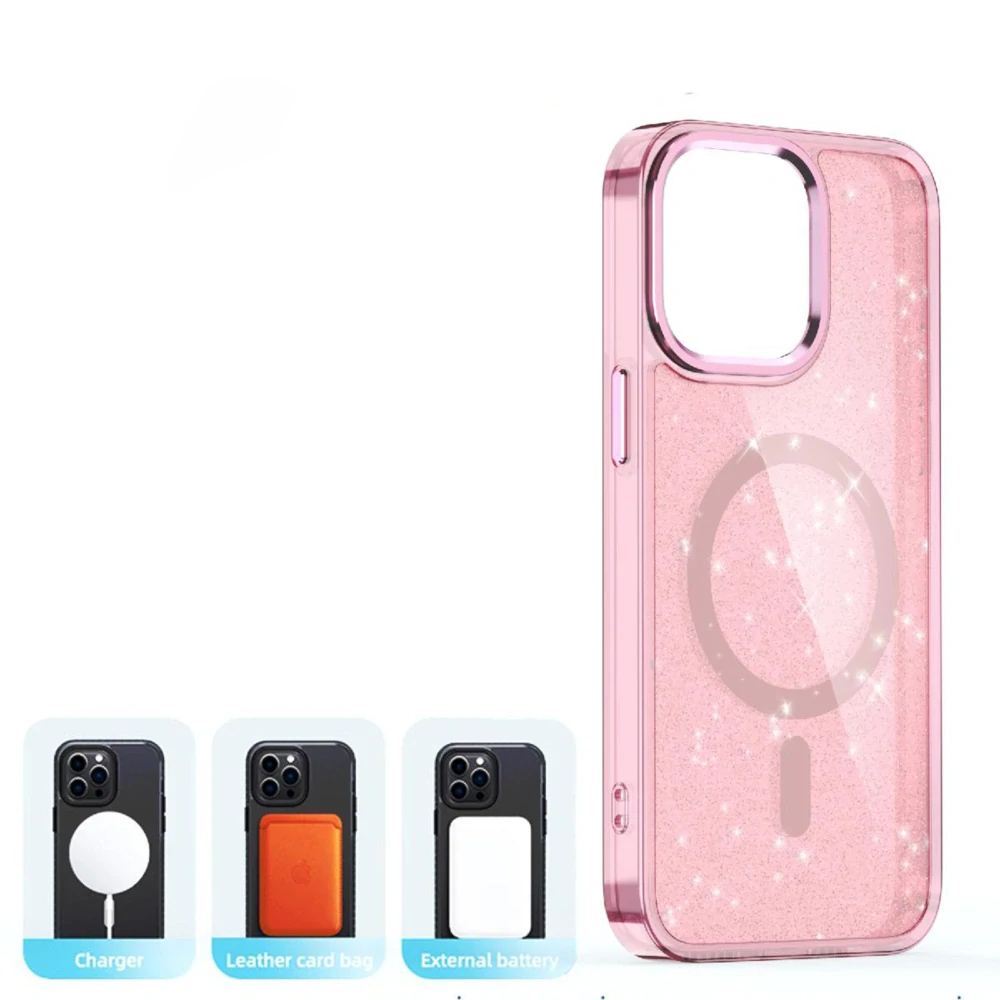 Třpytkové pouzdro Glitter Case s MagSafe - Apple iPhone 16 Pro - průhledné / růžové