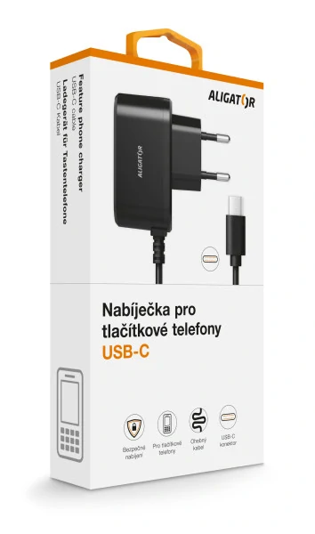 Nabíječka do sítě pro všechny seniorské a tlačítkové telefony ALIGATOR s USB-C konektorem, originální