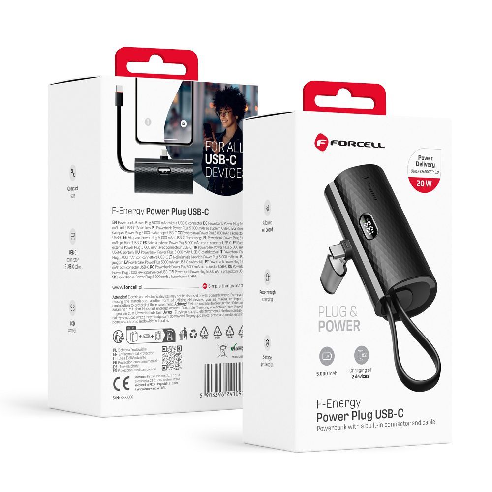 Powerbanka FORCELL F-ENERGY Power Plug F5K3 s  2x USB-C PD 20W 5000 mAh černá