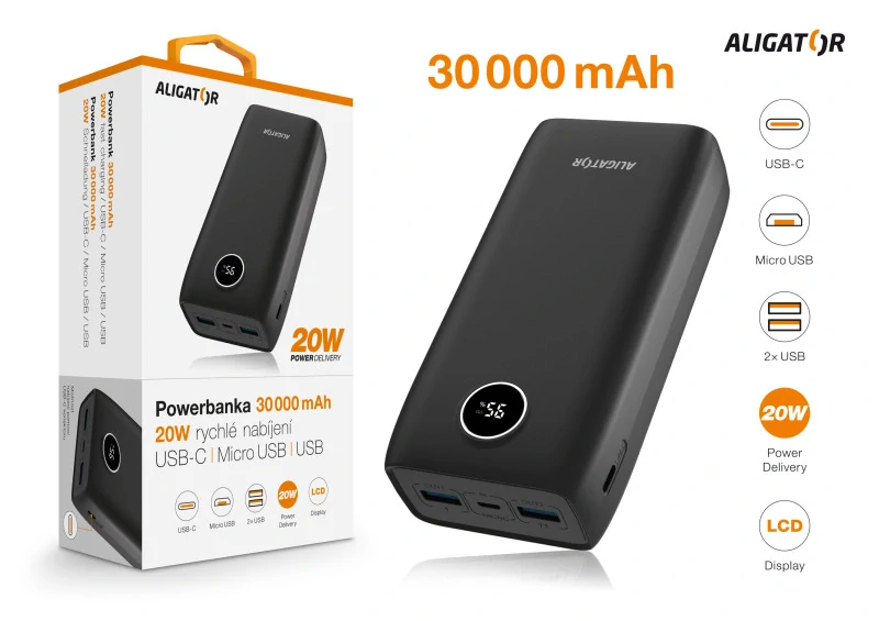 Powerbanka ALIGATOR 30 000 mAh, 20W PD, černá