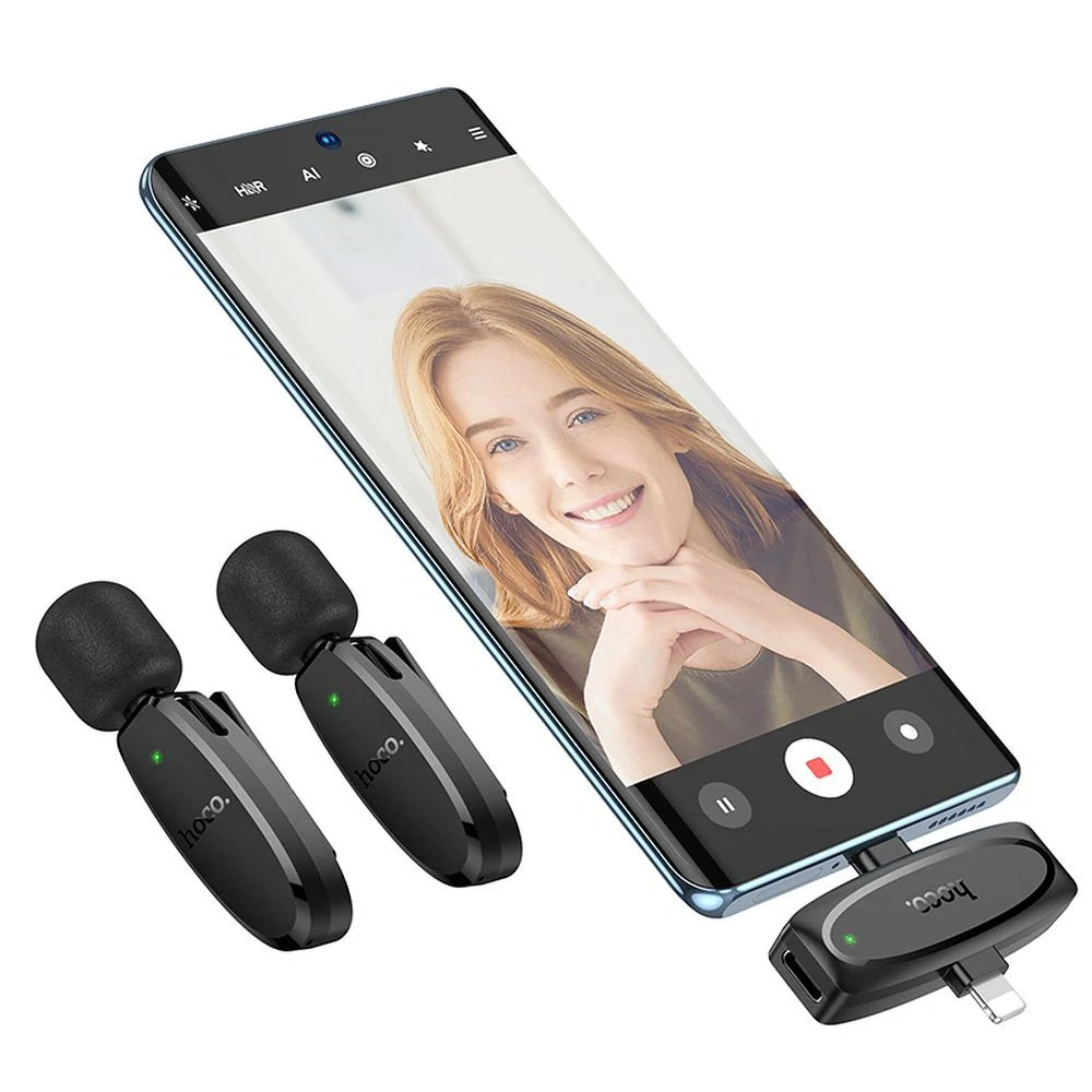 Bezdrátové klopové mikrofony HOCO L15 – 2× mikrofon, Lightning/USB-C