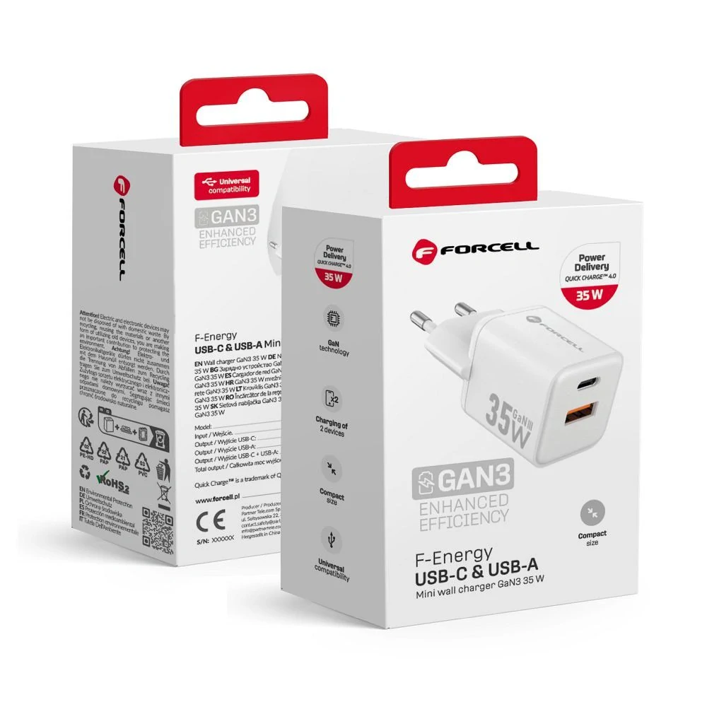 Nabíječka Forcell Mini GaN III 35W - bílá (bez kabelu)