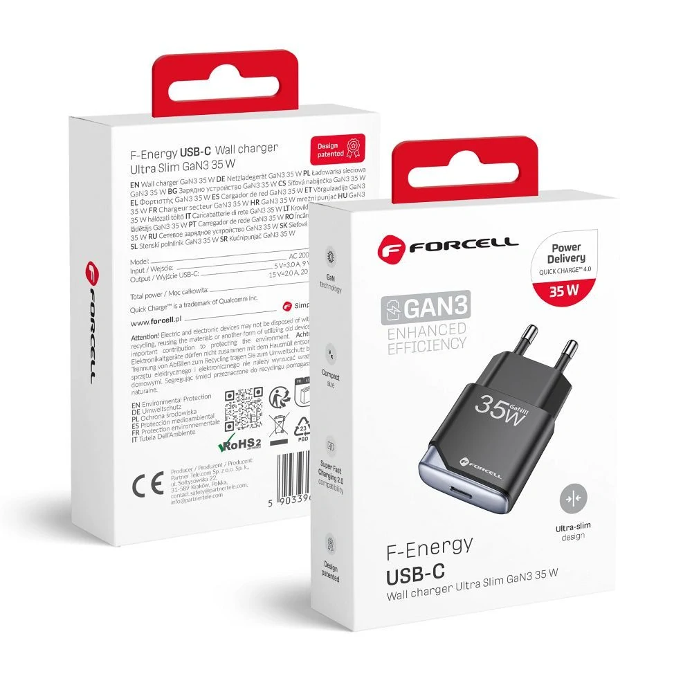 Rychlý nabíjecí adaptér Forcell F-Energy Ultra Slim GaN III 35 W - černý