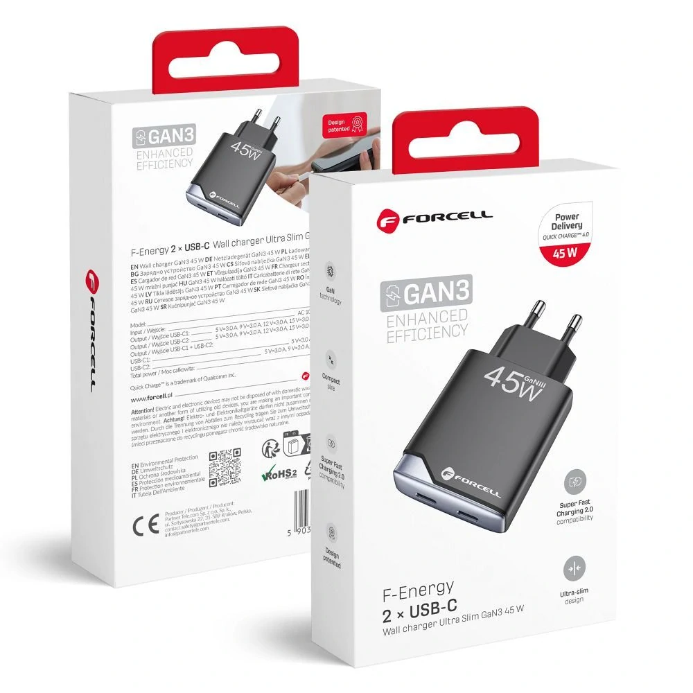 Rychlá nabíječka Forcell F-Energy Ultra Slim GaN III 2×USB-C 45 W – černá