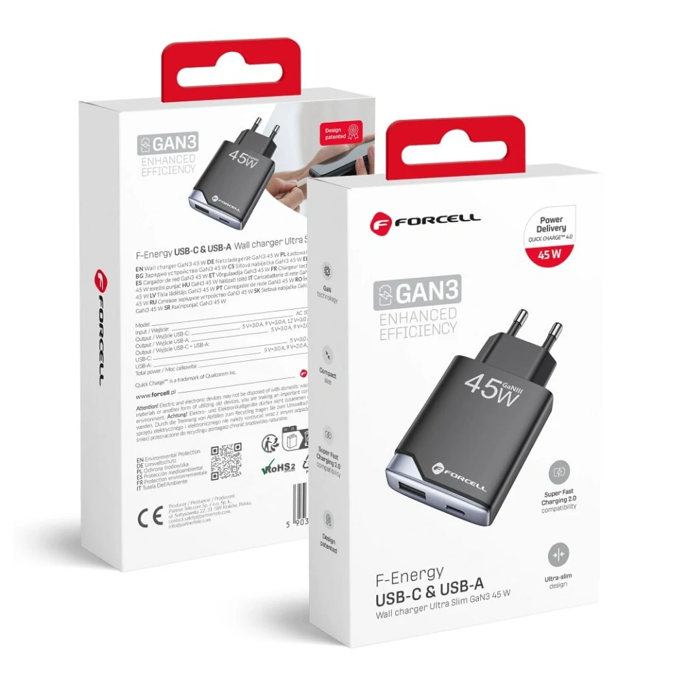 Rychlá nabíječka Forcell F-Energy Ultra Slim GaN III USB-C + USB-A 45 W – černá