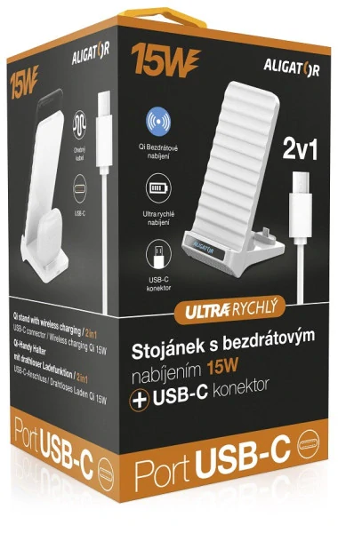 Bezdrátový QI stojánek Aligator 15W 2v1 USB-C bílý