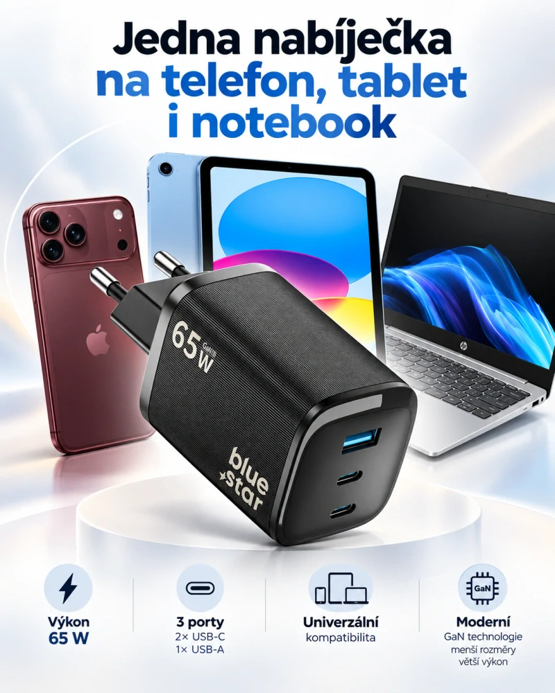Nabíječka Blue Star Nano GaN 45W USB-C + USB-A PD QC4.0 černá