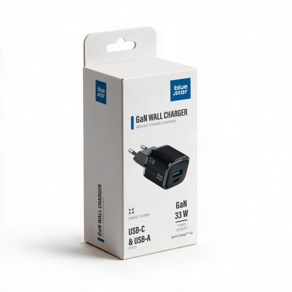 Nabíječka Blue Star Nano GaN 33W USB-C + USB-A PD QC4.0 černá