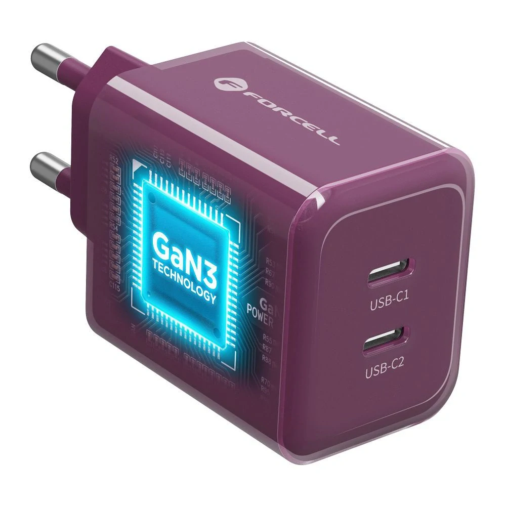 Nabíječka GaN 60W 2x USB-C Forcell F-Energy VT-60 + kabel USB-C, vínová