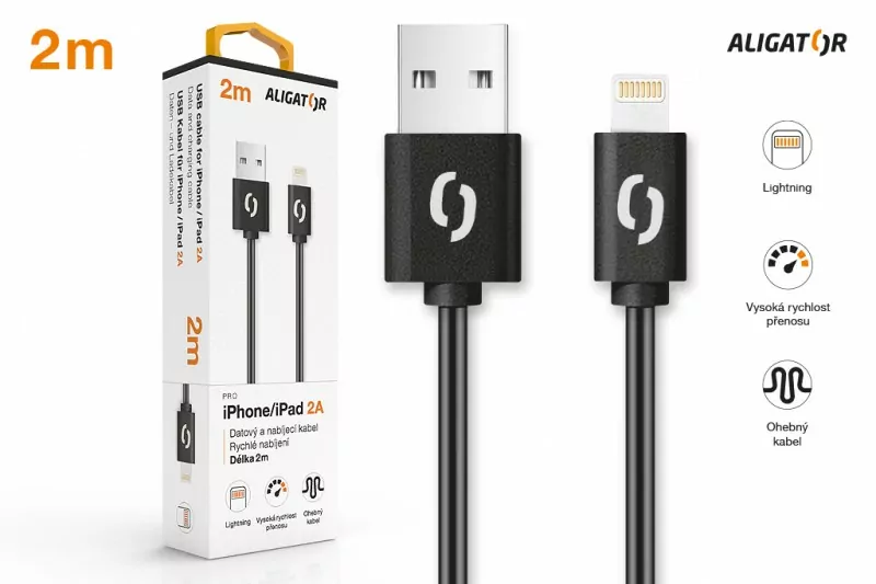 Datový kabel Aligátor s konektorem Lightning, 2m Black