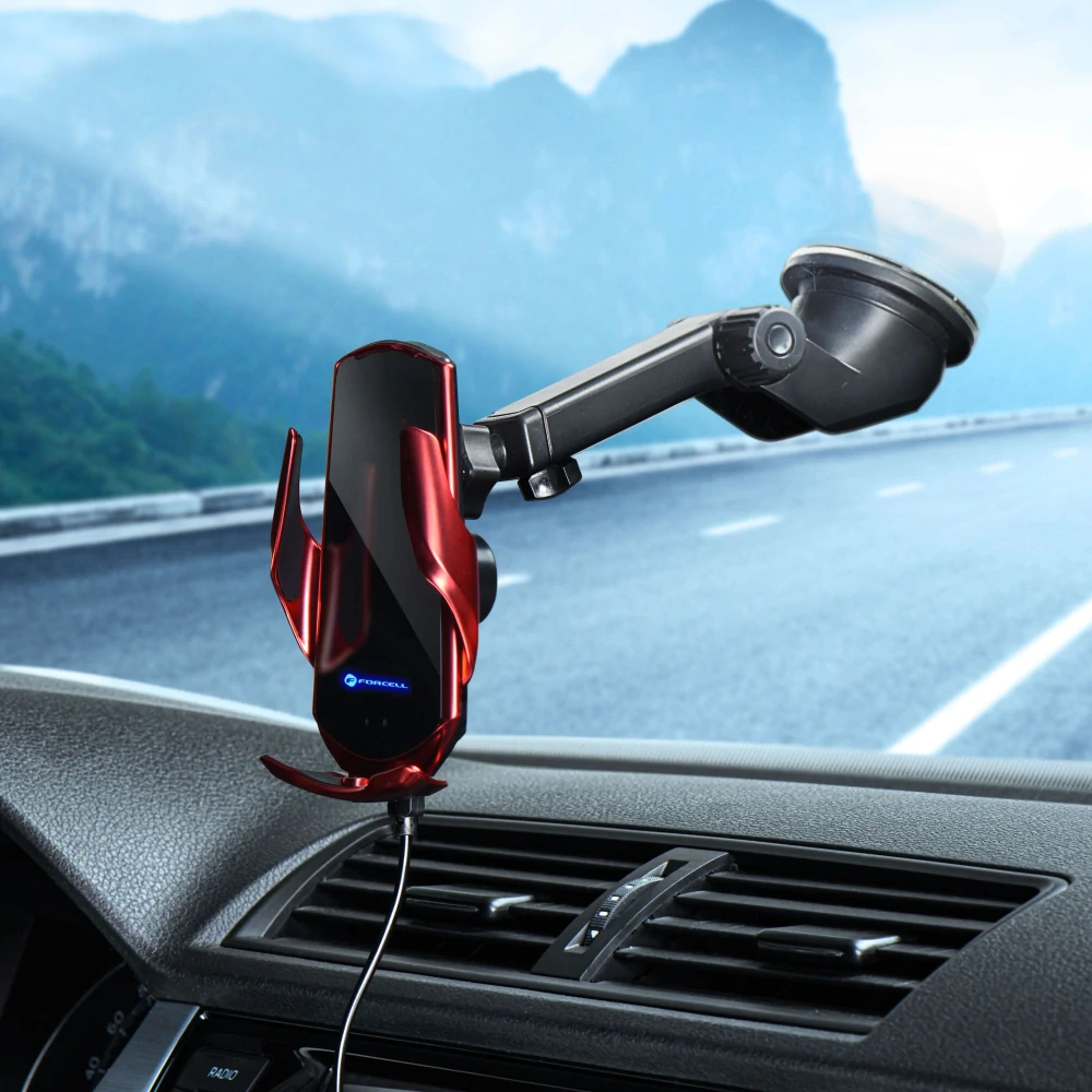 Držák do auta Forcell HS1 s Qi nabíjením 15W - červený