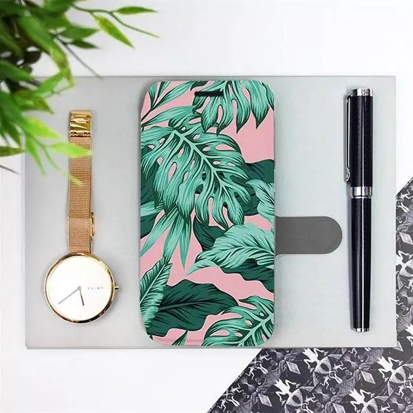 Flipové pouzdro Mobiwear na mobil Realme C21 - MG03S Zelené listy na růžovém pozadí - výprodej