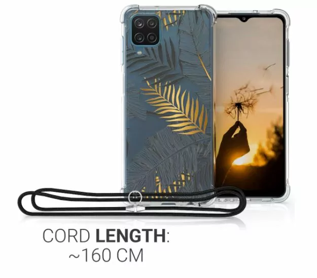 Pevné silikonové pouzdro kwmobile Crossbody na mobil Samsung Galaxy A12 / M12 čiré s popruhem Palm Leaves
