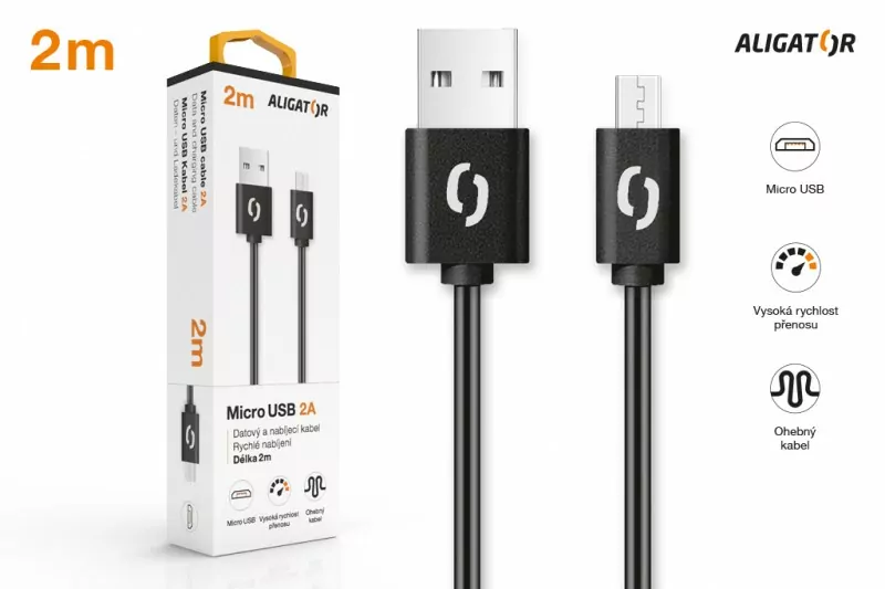Datový kabel s konektorem Micro USB ALIGATOR 2A černý 2m