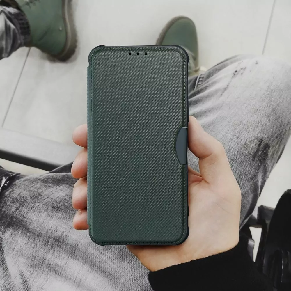 Ultimátní flip pouzdro RAZOR Coolcase Carbon na mobil Xiaomi Redmi 9A / 9AT tmavě zelené