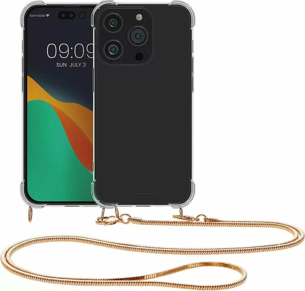 Pevné silikonové pouzdro kwmobile Crossbody na mobil Apple iPhone 14 Pro Max čiré s kovovým popruhem přes rameno nebo na krk - Rose Gold