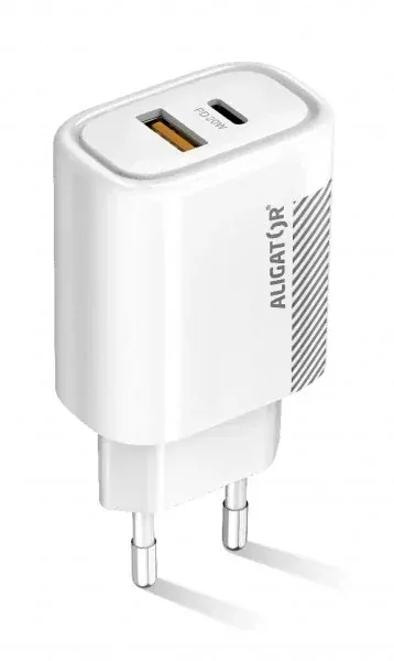 Chytrá nabíječka do sítě ALIGATOR Power Delivery 20W - USB-C + USB výstup, bez kabelu (lze použít i pro iPhone 12, 13, 14) bílá
