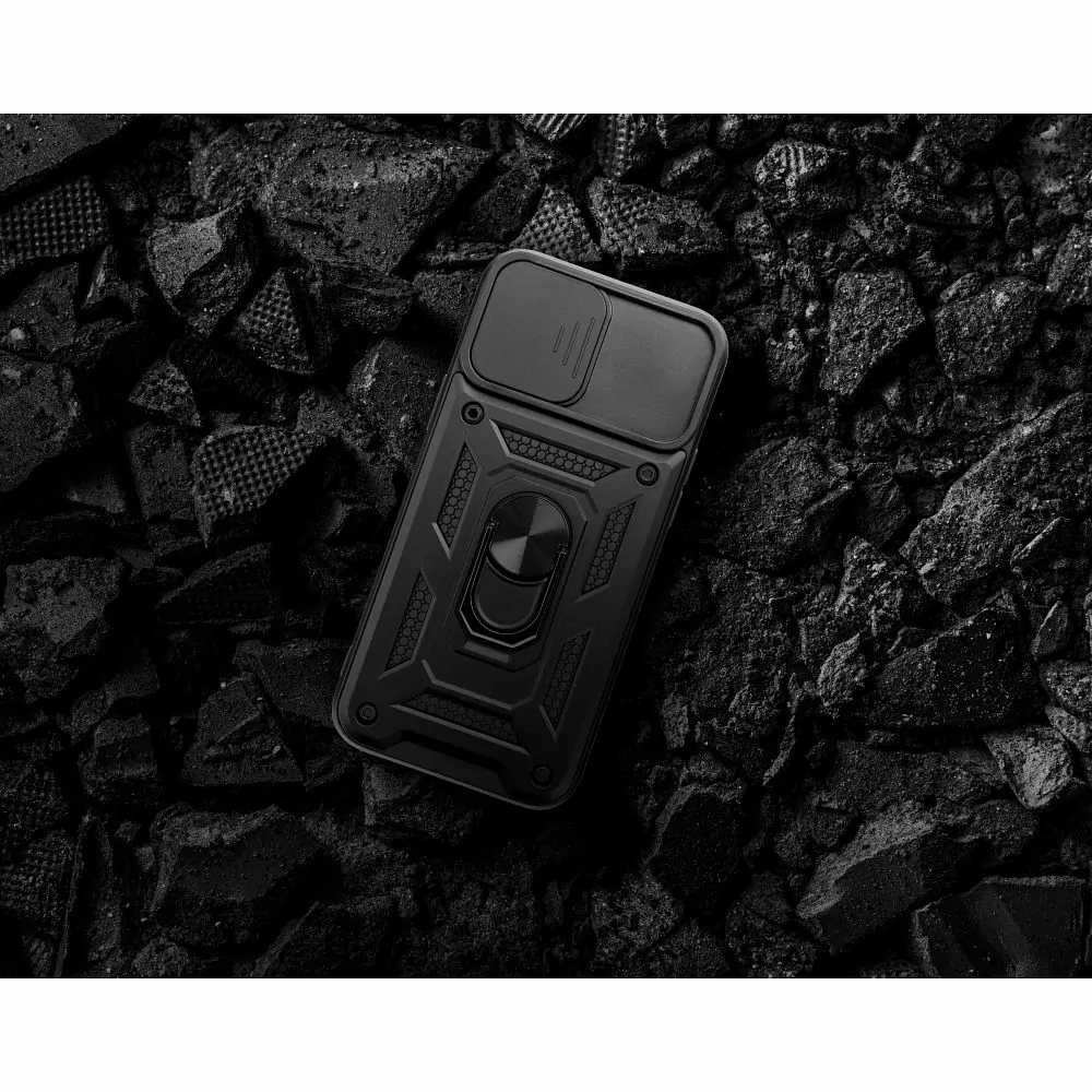Odolné pouzdro Armor CamShield - Samsung Galaxy S23 FE černé s krytkou fotoaprátů a stojánkem