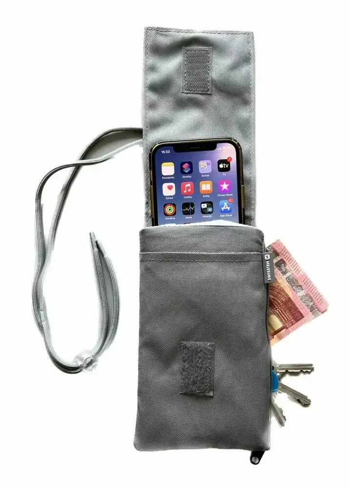 Kapsičkové univerzální pouzdro SWISSTEN POCKET na krk s karabinou pro mobily s velikostí do 6,8" šedé
