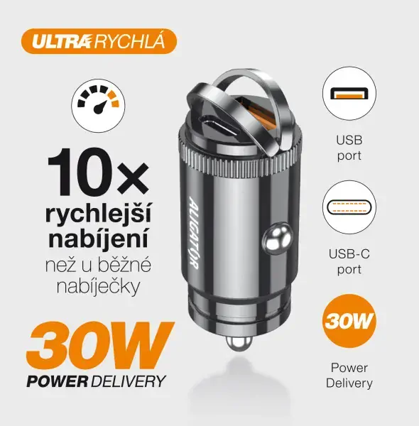 Rychlá autonabíječka ALIGATOR CL ALIGATOR PD30W USB a USB-C výstup, bez kabelu