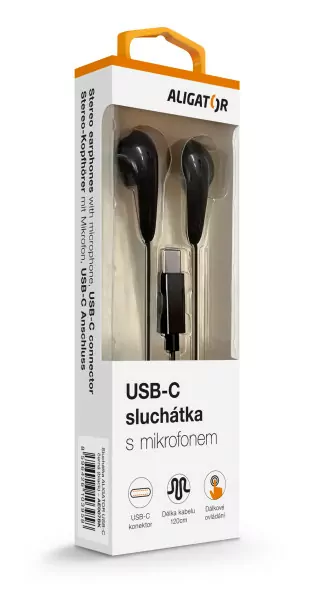 Handsfree sluchátka do uší s USB-C konektorem, ALIGATOR AE007 Cool Music, černá (kompatibilní s iPhone 15 a vyšší)