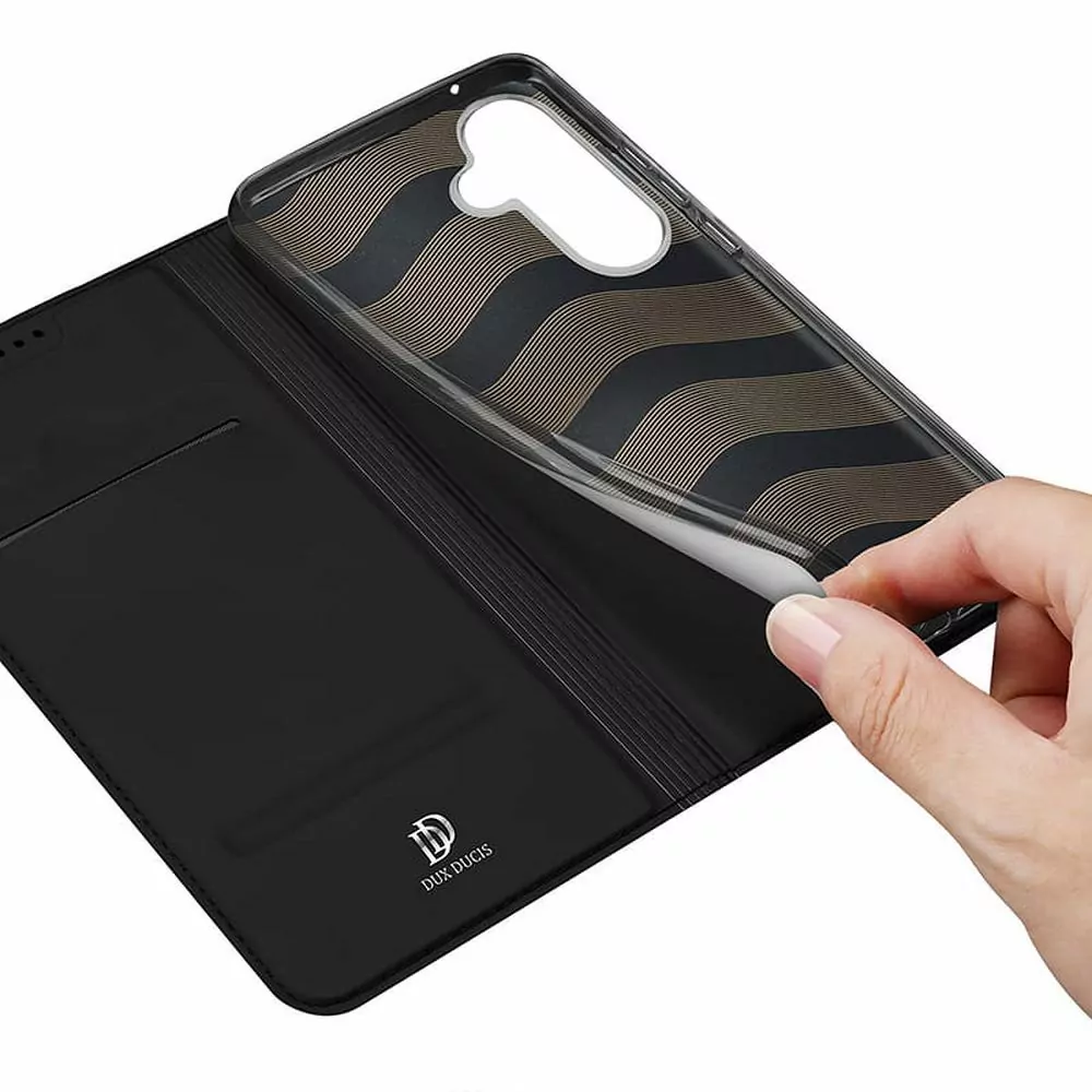 Prémiové flipové pouzdro DUX DUCIS SKIN na mobil Samsung Galaxy S23 FE Černé