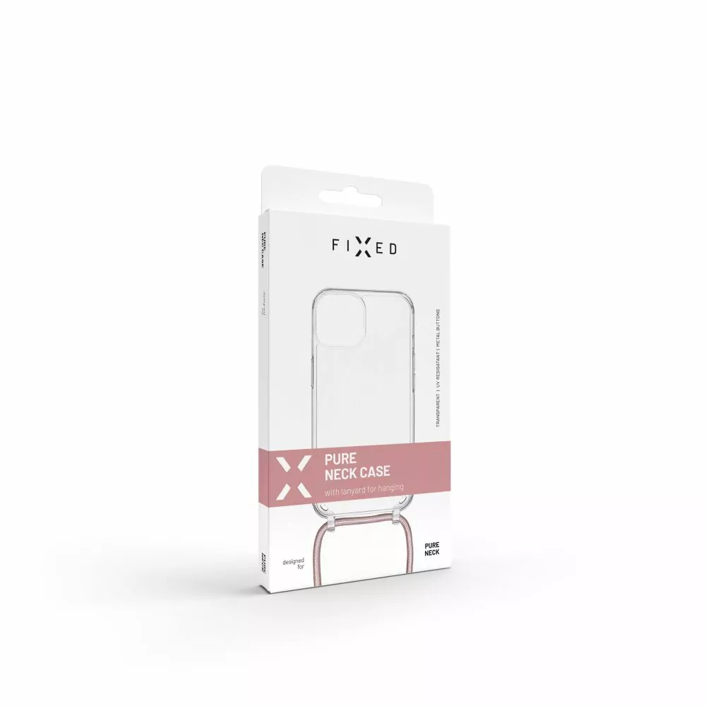 Pevné silikonové pouzdro FIXED Pure Neck Crossbody na mobil Samsung Galaxy S24 Plus s popruhem přes rameno - čiré - růžová šňůrka