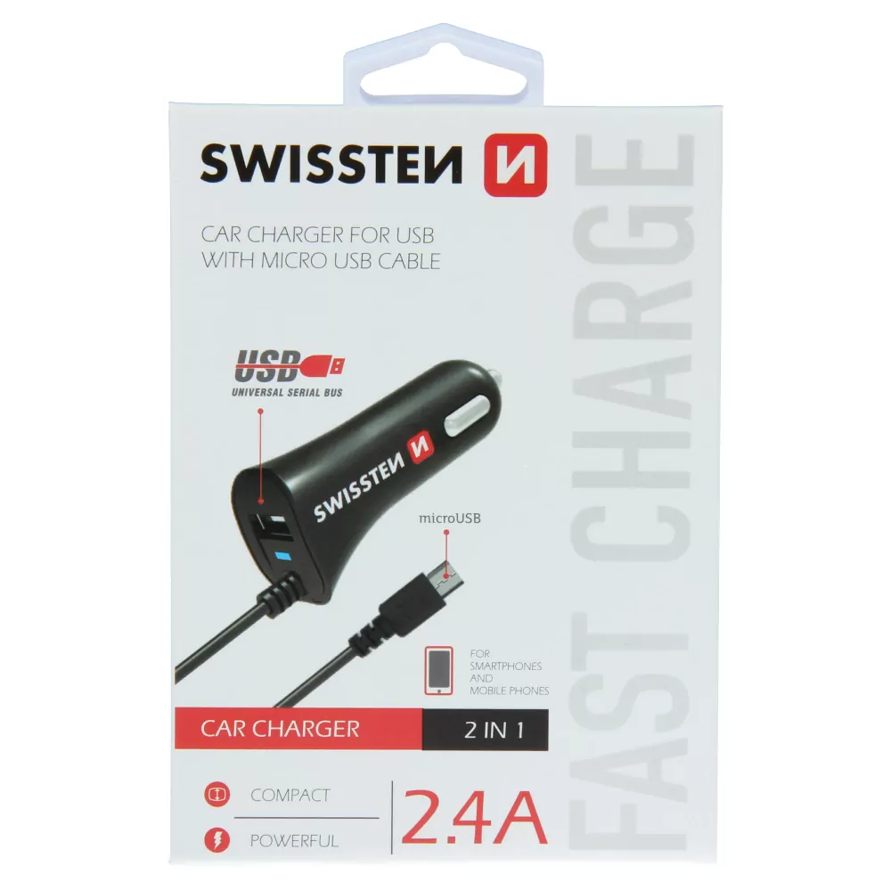 Univerzální CL nabíječka do auta SWISSTEN s konektorem Micro USB a USB, 2,4A