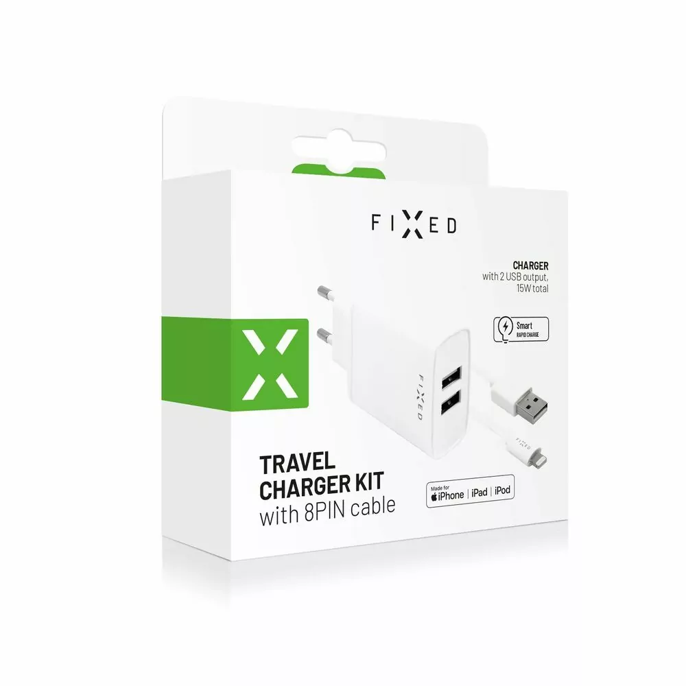 Rozpojitelná nabíječka do sítě FIXED s 2xUSB výstupem a USB/Lightning kabelu, 1m, MFI certifikace, 15W Smart Rapid Charge, bílá