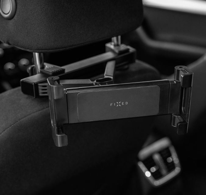 Držák do auta pro velké tablety FIXED Tab Passenger Max s uchycením do opěrky hlavy a posuvným ramenem, šedý