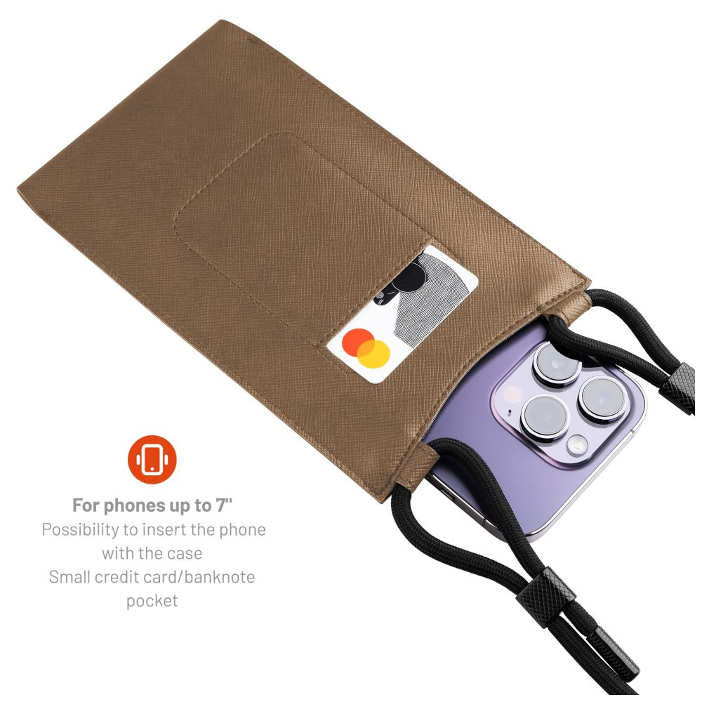 Crossbody taštička přes rameno s kapsičkou FIXED Verona s černou šňůrkou pro mobily do 7" - kávová