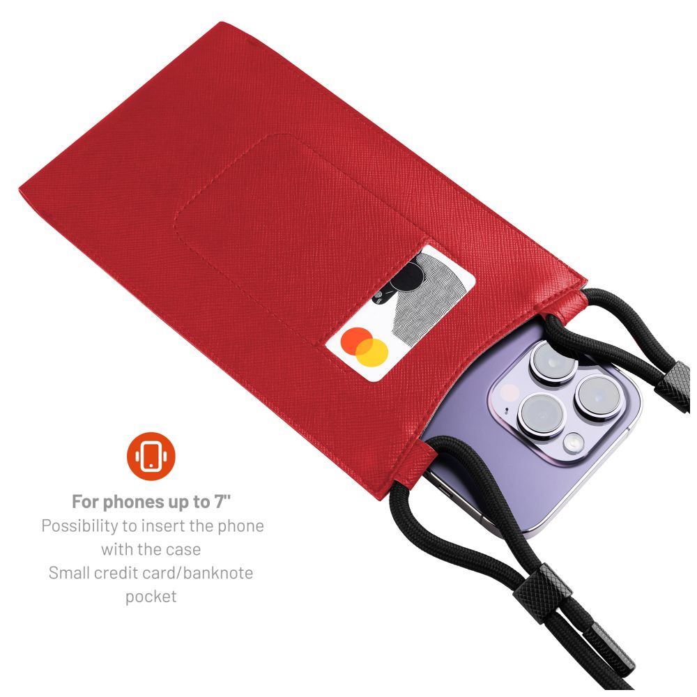 Crossbody taštička přes rameno s kapsičkou FIXED Verona s černou šňůrkou pro mobily do 7" - červená